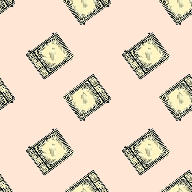 Retro TV engraved seamless pattern Vintage television in hand drawn style
