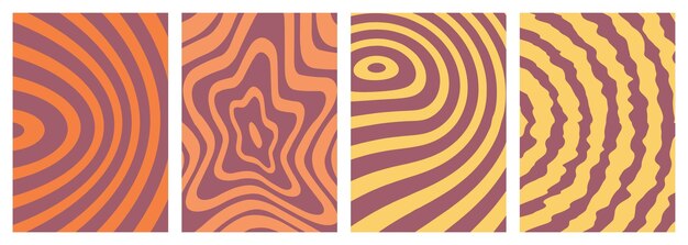 Retro twisted distorted groovy hippie background set Waves swirl stripe ray twirl psychedelic style