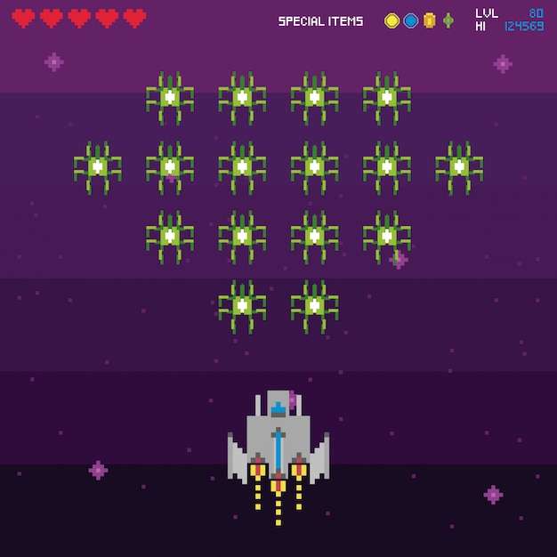 Retro video game space pixelated scene