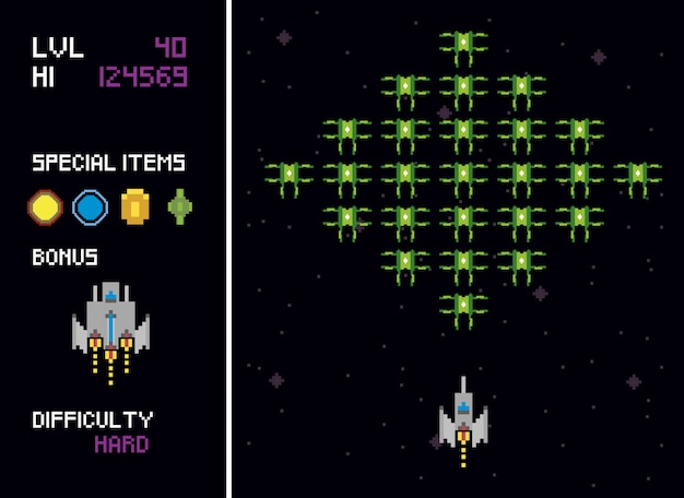 Retro video game space pixelated scenes