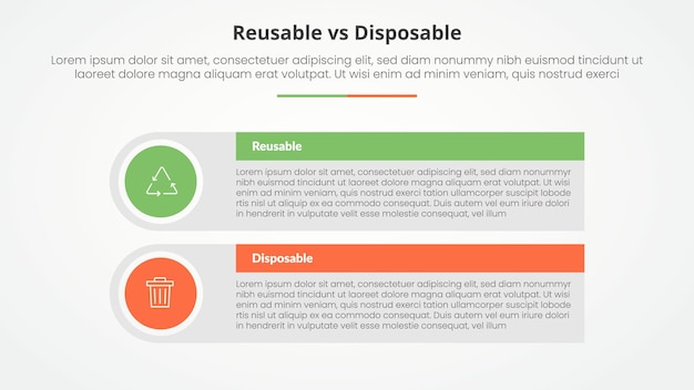 reusable vs disposable comparison opposite infographic concept for slide presentation with big rectangle table box with round circle edge with flat style