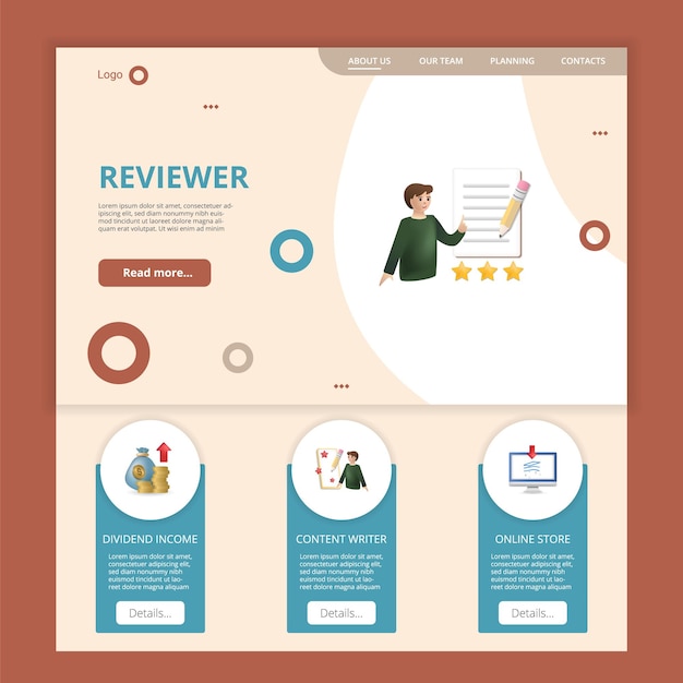 Reviewer flat landing page website template dividend income