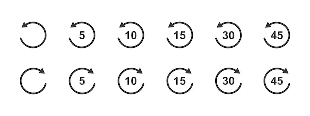 Rewind and fast forward icons with circle arrows and 5 10 15 30 second numbers Round repeat and next buttons isolated on white background Player playback elements set