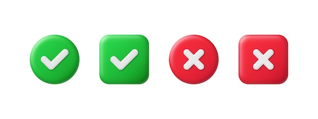 Right and wrong 3D buttons Tick cross red and green glossy round and square checklist icons Check mark acceptance X rejection button 3d realistic vector set Positive and negative choice