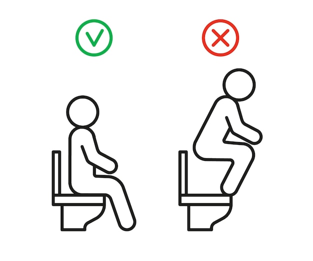 Right and wrong behavior in toilet WC rules sit on seat toilet but not stand warning sign Signs
