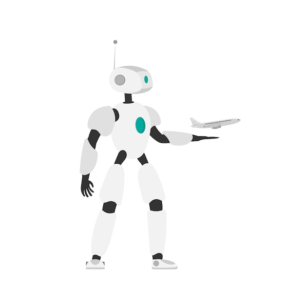 Robor launches the plane into the air. Concept of online purchase and booking of air tickets. Vector.