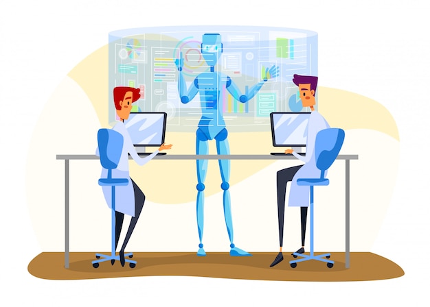 Robot and people  illustration, cartoon  machine working together with scientist characters to analyze data  on white