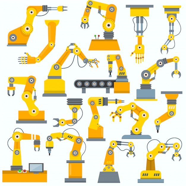 robot arm vector robotic machine hand indusrial equipment in manufacture illustration set of engineer character of robotechnic in industry isolated