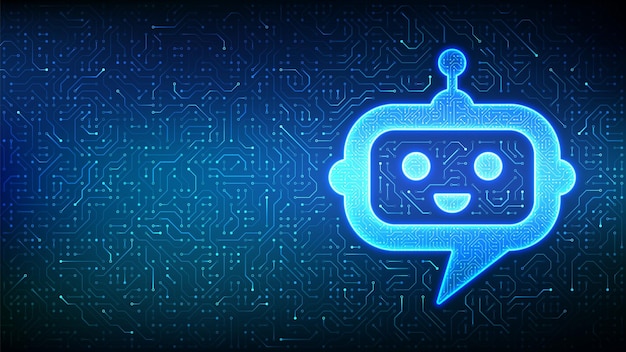 Robot chatbot head icon Chatbot assistant application sign AI technology background Speech bubble message Dialogue cloud Circuit board pattern PCB printed circuit texture Vector Illustration
