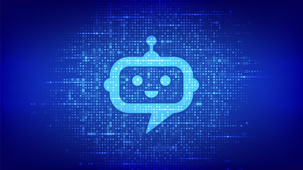 Robot chatbot head icon sign made with binary code. Chatbot assistant application. AI concept. Digital binary data and streaming digital code. Matrix background with digits 1.0. Vector Illustration.
