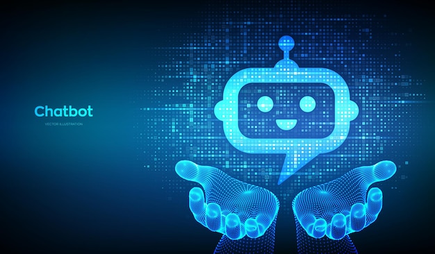 Robot chatbot head icon sign made with binary code in wireframe hands Chatbot assistant application Digital binary data and streaming digital code Background with digits 10 Vector Illustration