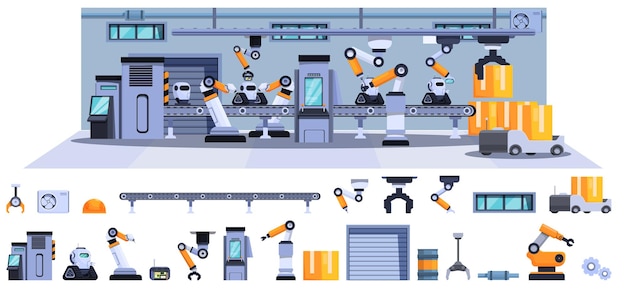 Robot conveyor belt icons set cartoon vector Machinery line