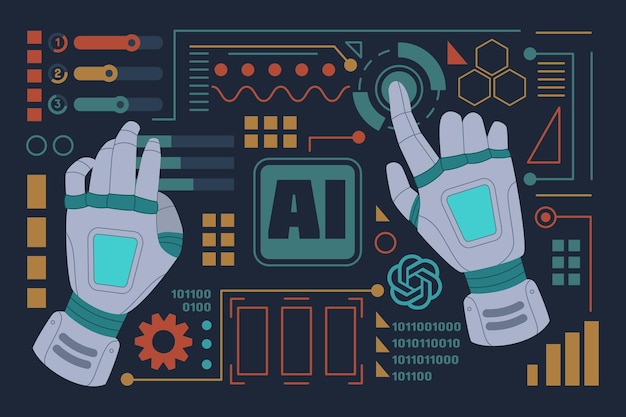 Robot hand background AI technology Bot intelligence automation Futuristic computer innovation banner Artificial arm gesture on touch screen robotic program Vector tidy design
