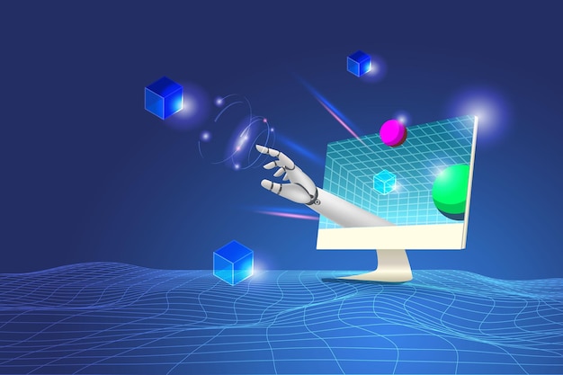 Robot hand from computer touch block chain networking in metaverse futuristic space Artificial intelligence innovation technology for business secure transaction system