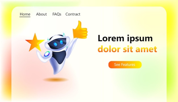Robot holding review star rating and thumbs up symbol social media communication feedback artificial intelligence