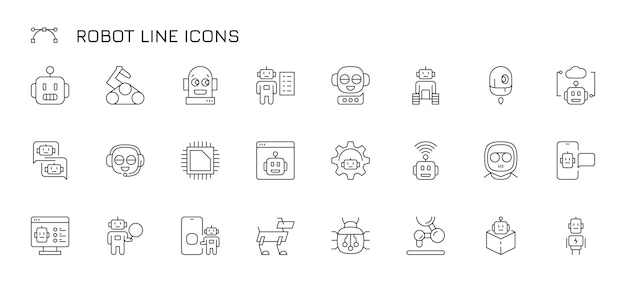 Robot line icons Outline AI chatbot and mechanical characters related pictograms futuristic artificial intelligence and robot technology Vector isolated set Automated process engineering