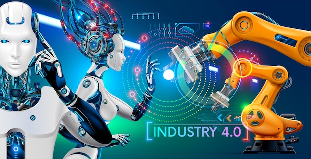 robot or cyborg with artificial intelligence controls manipulator arms on factory or manufacture industry 40 ai technology in industrial revolution orange robotic mechanical hands abstract hud