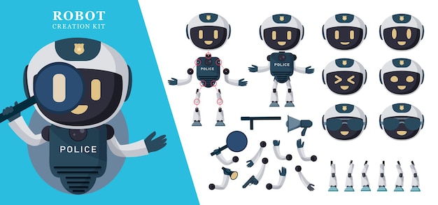 Robot police creation kit vector set. Robots editable characters with head, arms, legs and tools.