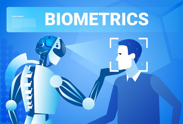Robot Scanning Man Face Biometric Identification Access Control Technology Recognition System Concept