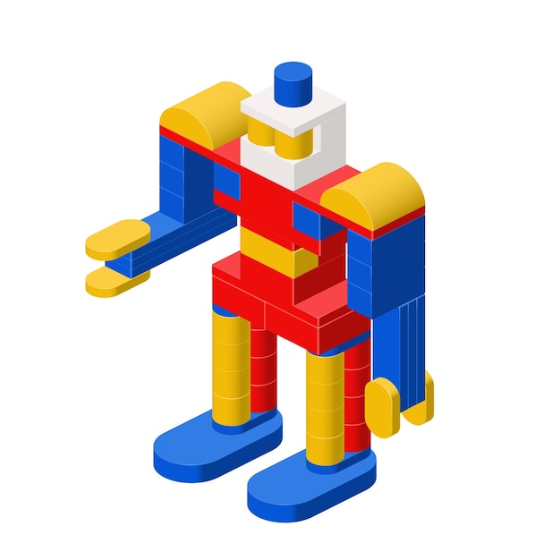 Robot toy assembled from plastic blocks and isometric bricks vector illustration