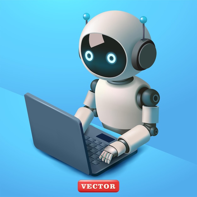 Robot works using laptop 3d design Suitable for technology and science