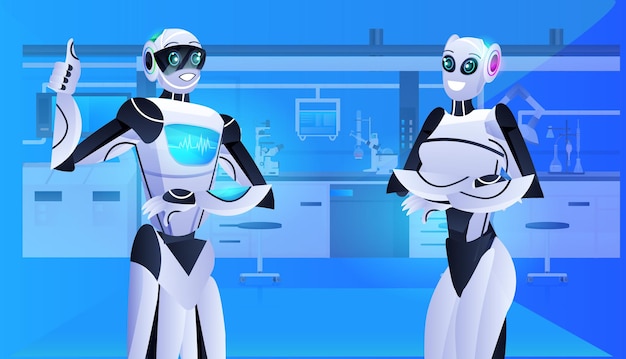 robotic assistants couple discussing in clinic surgery room medicine healthcare artificial intelligence technology concept horizontal portrait 
