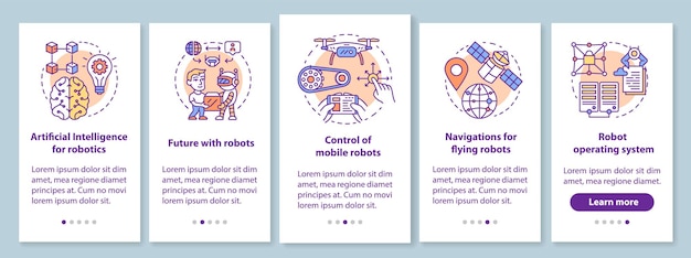 Robotics courses onboarding mobile app page screen with linear concepts. Learning robot control walkthrough steps graphic instructions. UX, UI, GUI vector template with illustrations