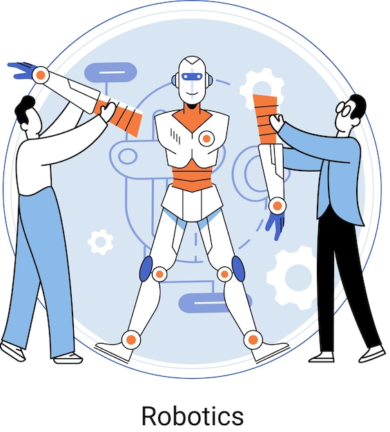 Robotics scientific and technical base Engineers working on building robot in lab attaching parts to mechanism that can perform operations related to physical and mental activities of person