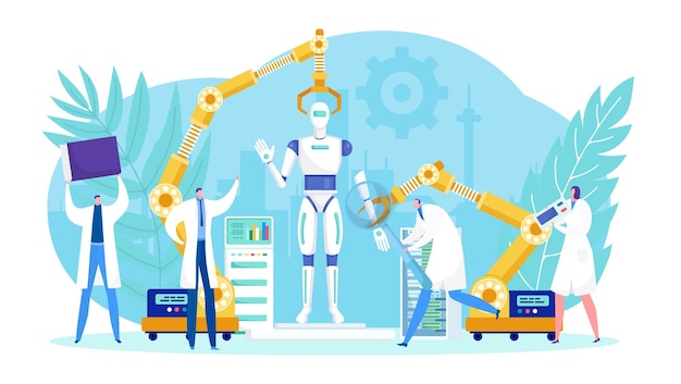 Robotics technology design by people team concept vector illustration flat modern ai science