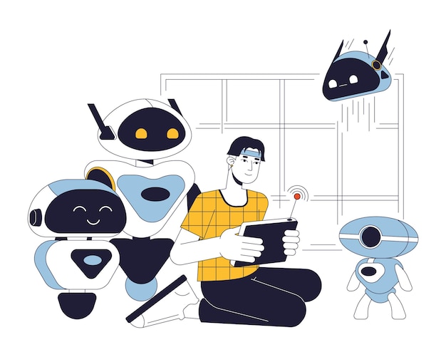 Robotiikka tasainen viiva konsepti vektori paikka kuvitus Innoissaan oleva aasialainen mies luo ja hallitsee robotteja 2D sarjakuva ääriviivamerkki valkoisella verkko käyttöliittymäsuunnittelua varten Muokattava eristetty värisankari kuva