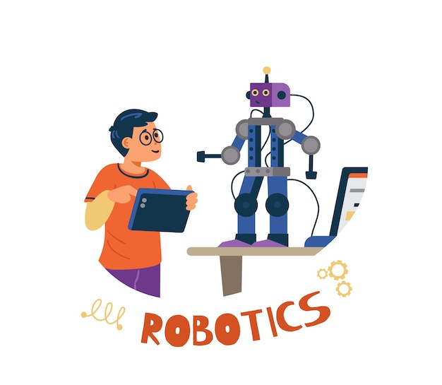 Robotiikkaa lapsille, litteä vektorikuva. Poika ohjelmoi ja ohjaa robottia tabletilla.