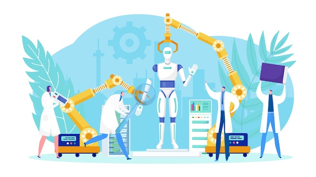 Robotiikkateknologian suunnittelu ihmisten tiimin toimesta.