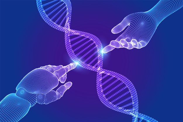 Robotin ja ihmisen kädet koskettavat DNA-sekvenssiä, joka yhdistää virtuaaliympäristössä tulevaisuudessa.