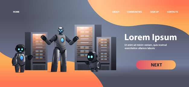 Robotit palvelinhuoneessa iso pilvitiedon analyysi tekoälyteknologia