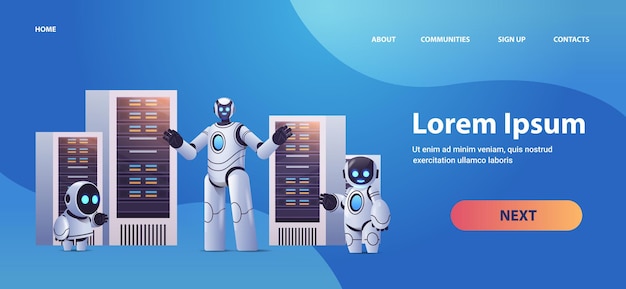 Robotit palvelinhuoneessa iso pilvitiedon analyysi tekoälyteknologia