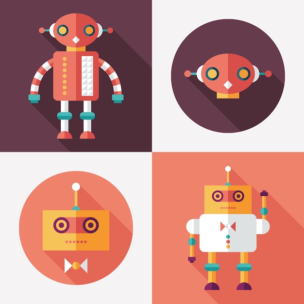 robots flat square and round icons set with long shadows.