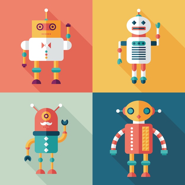 robots flat square icons set with long shadows.