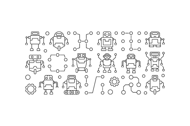 Robots vector horizontal banner or illustration in line style on white background
