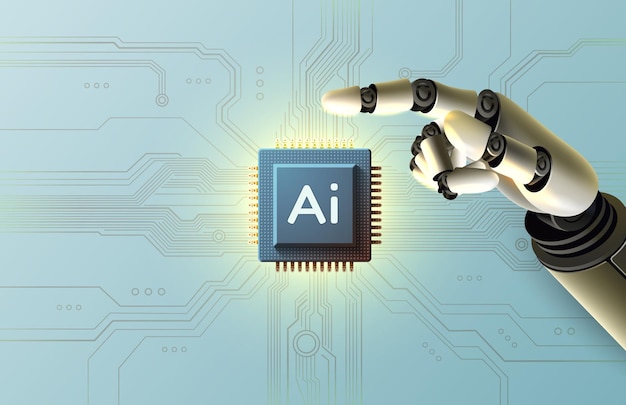 Robottikäsi, jossa on mikrosiru, tekoälyprosessori, mikroprosessori ja elektroniikkaa. Vektori-kuvitus