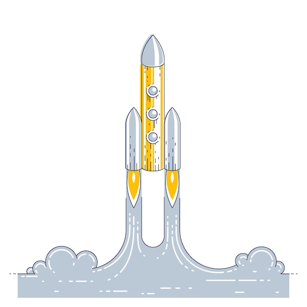 Rocket launch into undiscovered space. Explore universe, breathtaking space science. Thin line 3d vector illustration isolated on white.