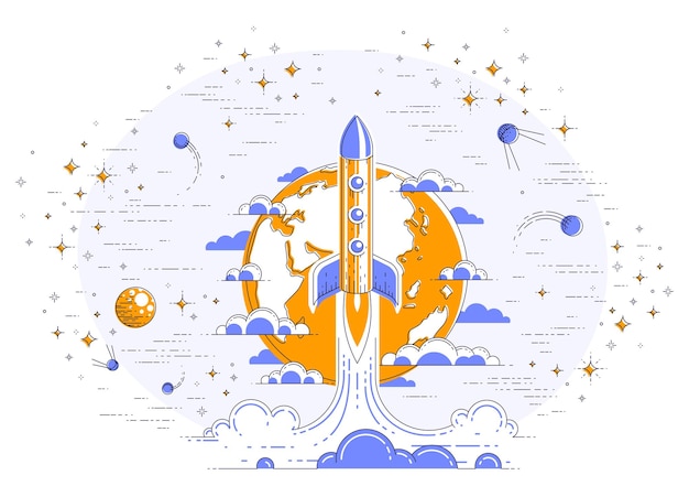 Rocket launch over planet earth into space, surrounded by satellites, stars and other elements. Explore universe, space science. Thin line 3d vector illustration isolated on white.