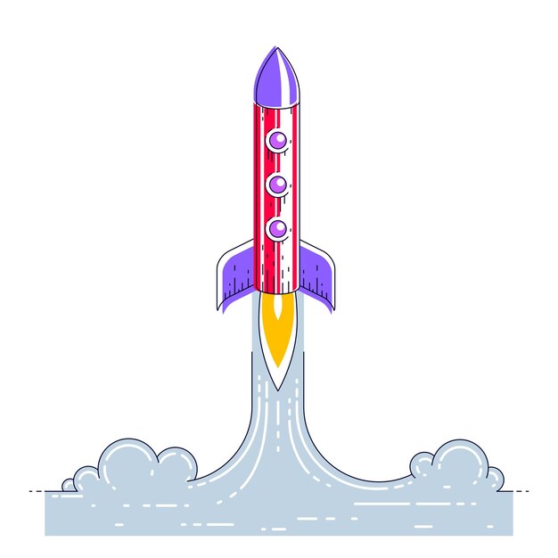 Rocket start to space to discover undiscovered galaxies. Explore universe, interesting space science. Thin line 3d vector illustration isolated on white.