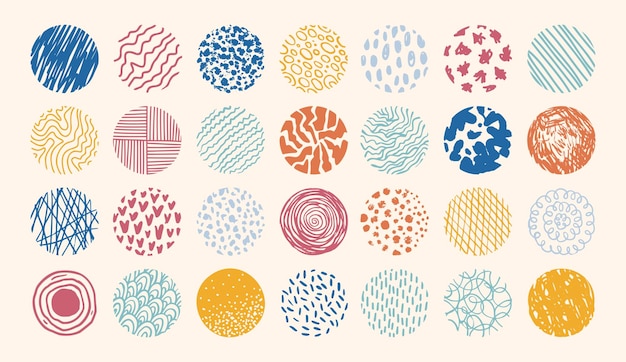 Round abstract colored set hand drawn doodle shapes backgrounds in the form of a circle of spots