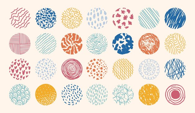 Round abstract colored set hand drawn doodle shapes backgrounds in the form of a circle of spots
