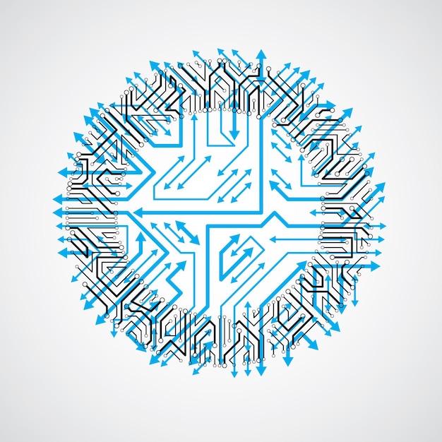 Round circuit board with electronic components of technology device. Computer motherboard cybernetic blue vector abstraction with multidirectional arrows.