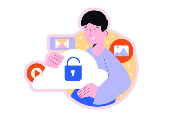 Round concept Cloud service with people scene in the flat cartoon design Man works with data