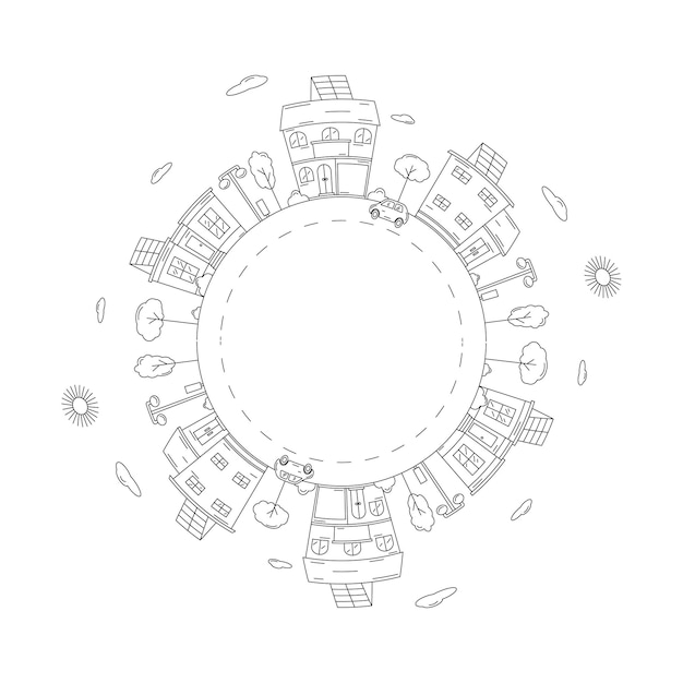 Round frame with a drawing of a city landscape made in the style of line art Element for creating a logo or emblem Editable stroke