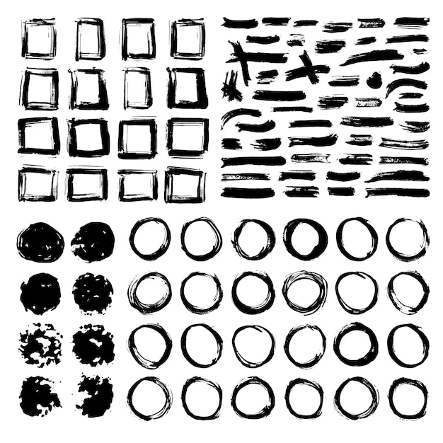 round frames text boxes and brush strokes grunge textured elements set vector illustration