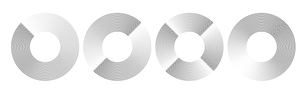 Round geometric stripes Abstract circular gradient line art minimalist zen pattern circles and radial movement speed lines Rotation effect vector set