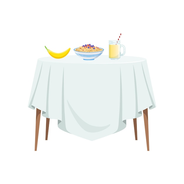 Round table with white tablecloth and food for breakfast vector Illustration isolated on a white background